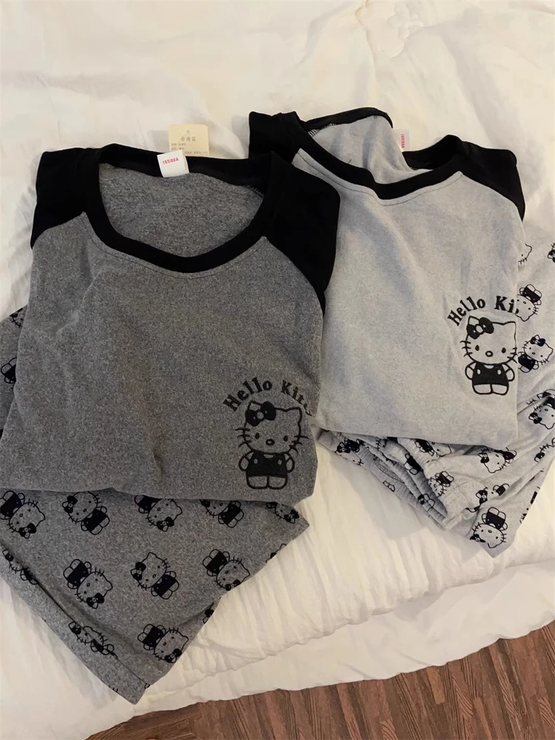 韩版秋冬季睡衣女圆领磨毛德绒加厚可爱灰色KT猫保暖家居服两件套