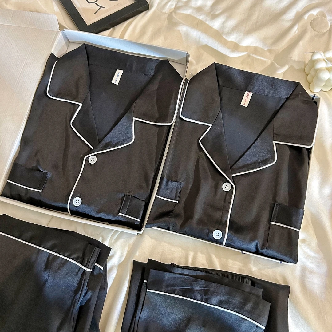 美系黑色男士女士睡衣冰丝情侣款2023春秋季新款简约高级感家居服