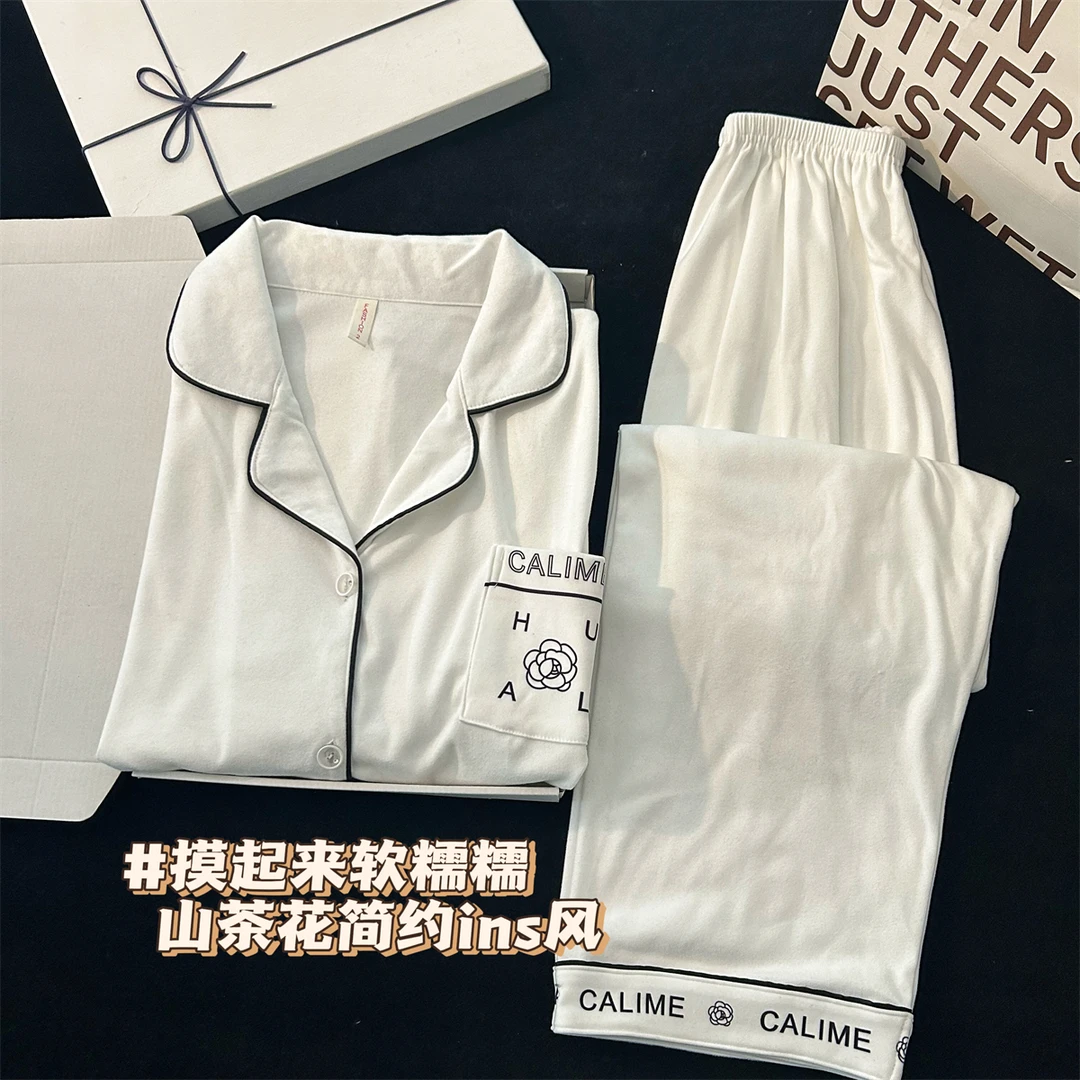 韩版轻奢风开衫睡衣女2023秋冬新款德绒套装高级感山茶花家居服女