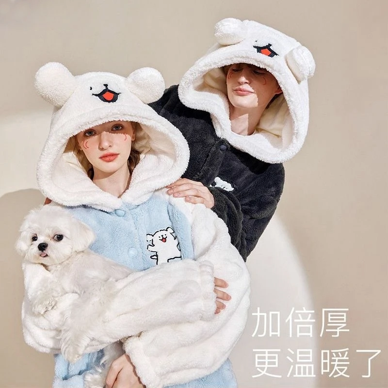 网红线条小狗联名情侣睡袍女冬款珊瑚绒加厚保暖睡衣外穿家居服男