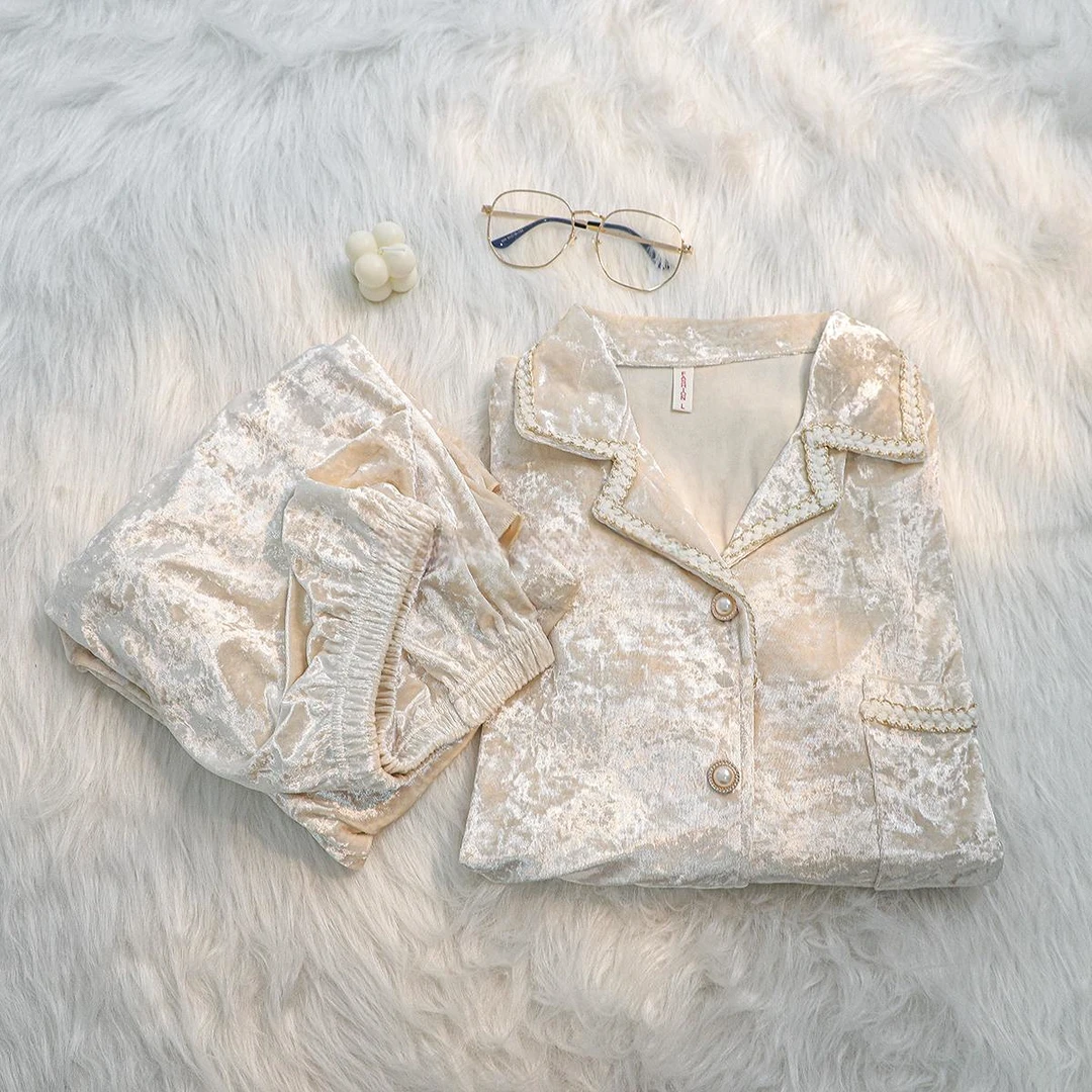 柔软金丝绒长袖睡衣女秋冬季休闲高级感小香风纯色新款家居服套装