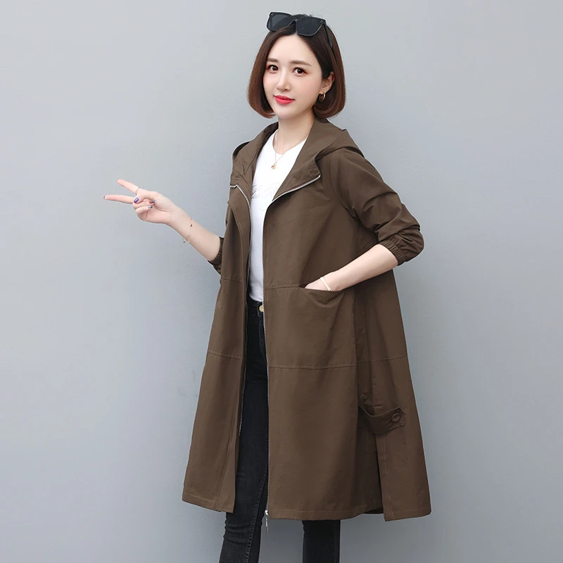 长款风衣女春秋2025年新款休闲大码胖妈妈宽松连帽A版大衣外套女