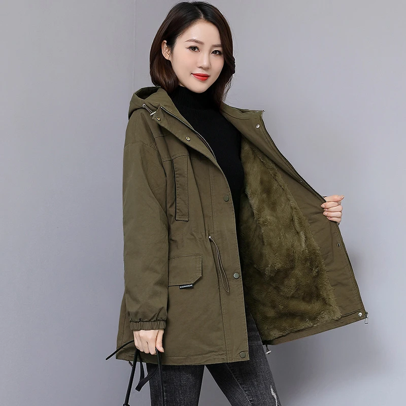 派克棉服女新款加绒中长款冬装棉衣宽松大码休闲冬季加厚风衣外套