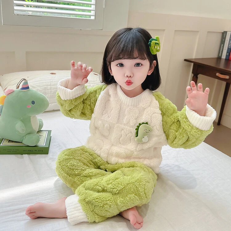 女童法兰绒睡衣秋冬款儿童宝宝珊瑚绒家居服女孩卡通套头保暖套装