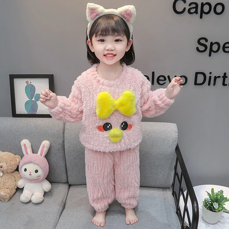 女童法兰绒睡衣套装秋冬季女宝宝加绒加厚儿童冬款珊瑚绒家居服套