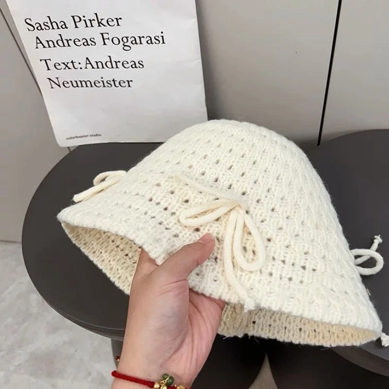 【D290】针织蝴蝶结桶帽