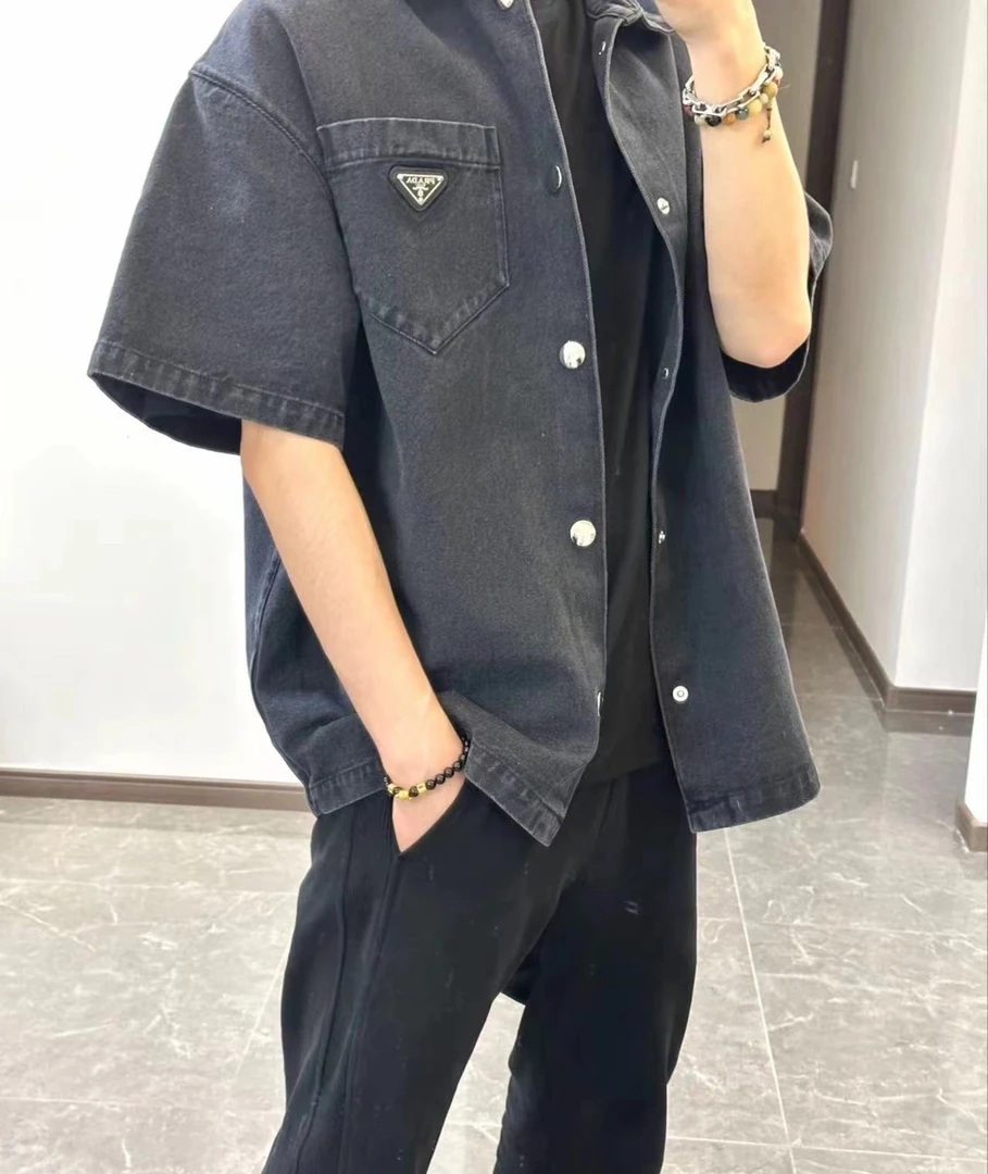 全新未使用 Prada/普拉达 M  24夏三角标男士牛仔衬衣衬衫 GEC067