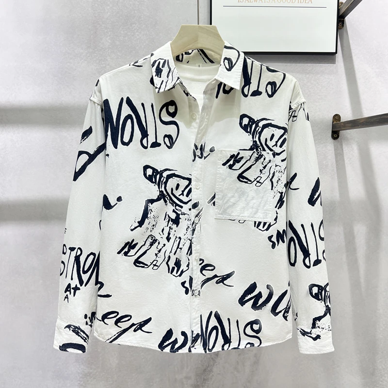 个性字母涂鸦印花长袖衬衫男装春秋季清新潮流时尚上衣痞帅气衬衣
