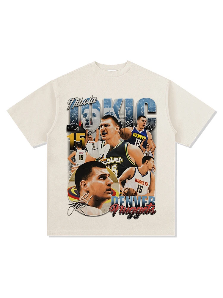 WZW美式约基奇印花短袖T恤水洗潮流男女宽松篮球直喷休闲复古上衣