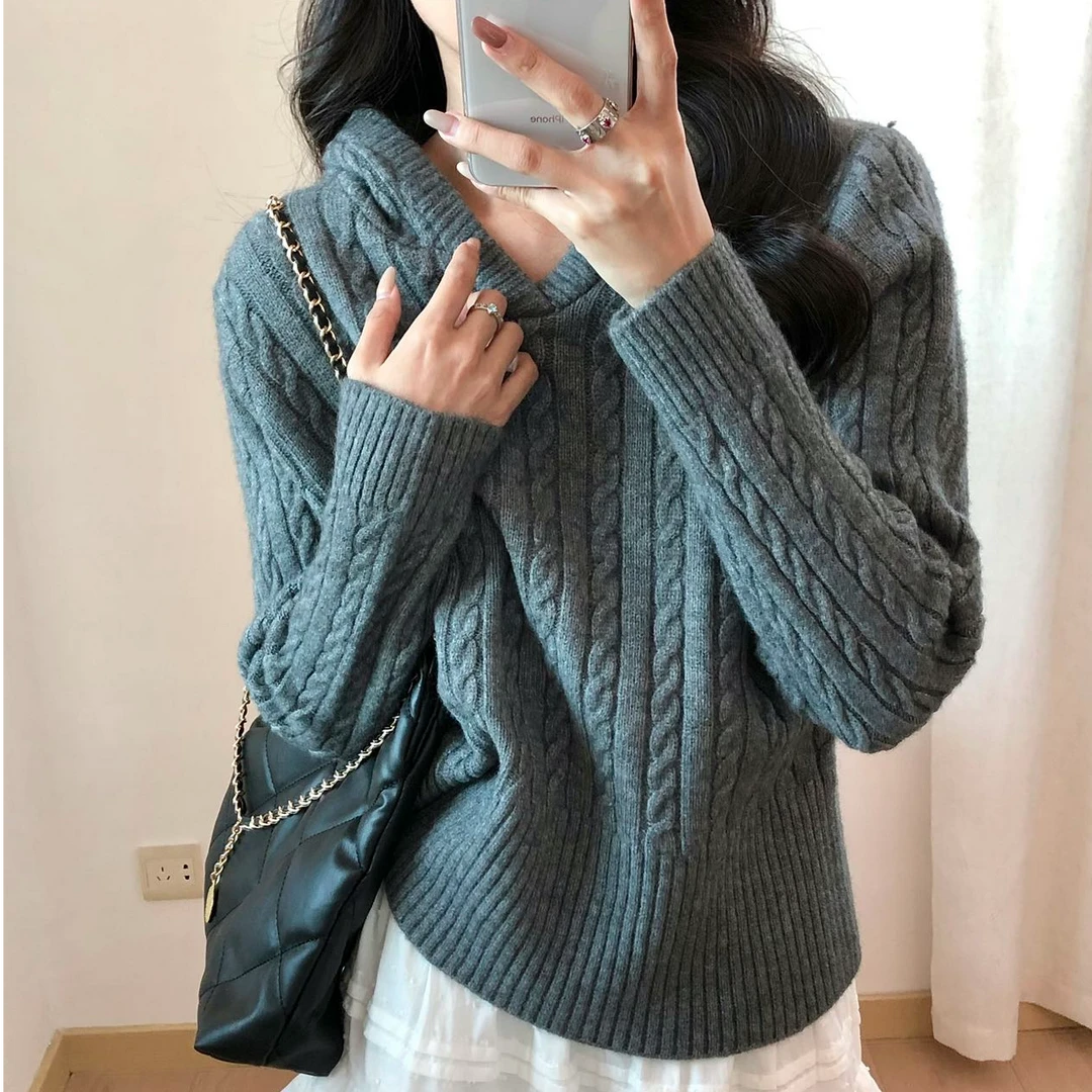 温柔风麻花连帽针织开衫女秋冬韩系慵懒套头毛衣外套收腰短款上衣