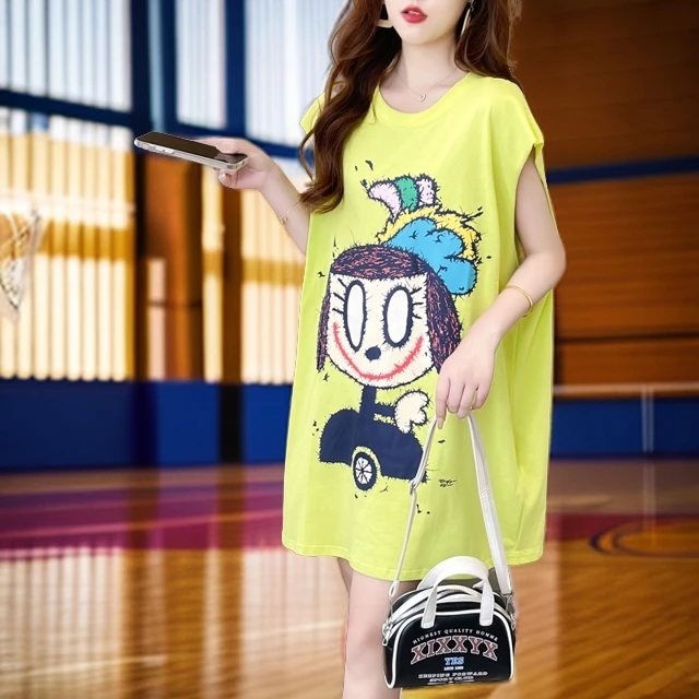 小个子夏季新款纯棉背心女宽松中长款设计感卡通印花遮屁股上衣女