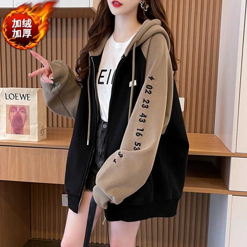 加绒加厚韩版宽松百搭学生连帽外套女加绒外套女洋气遮屁股上衣女