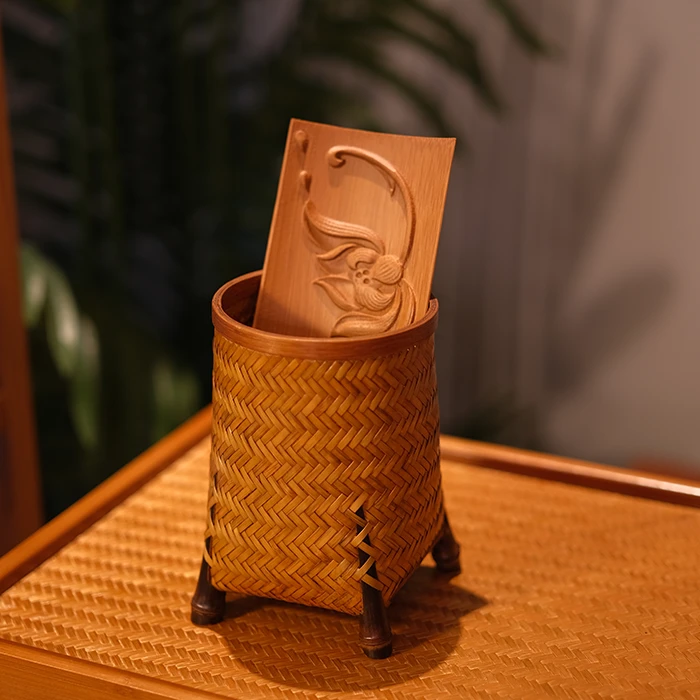 竹编大漆收纳筒手工精编圆筐笔筒六君子茶则茶针茶夹茶道茶筒