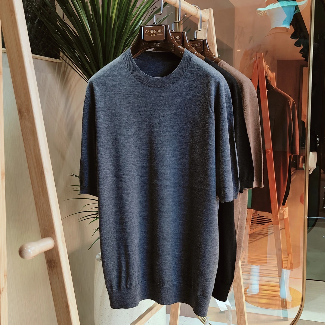 圣梵丁秋季精纺羊毛短袖基础款打底衫