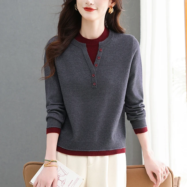 圆领套头针织衫上衣女洋气设计感毛衣打底衫安哥拉红色新年内搭潮
