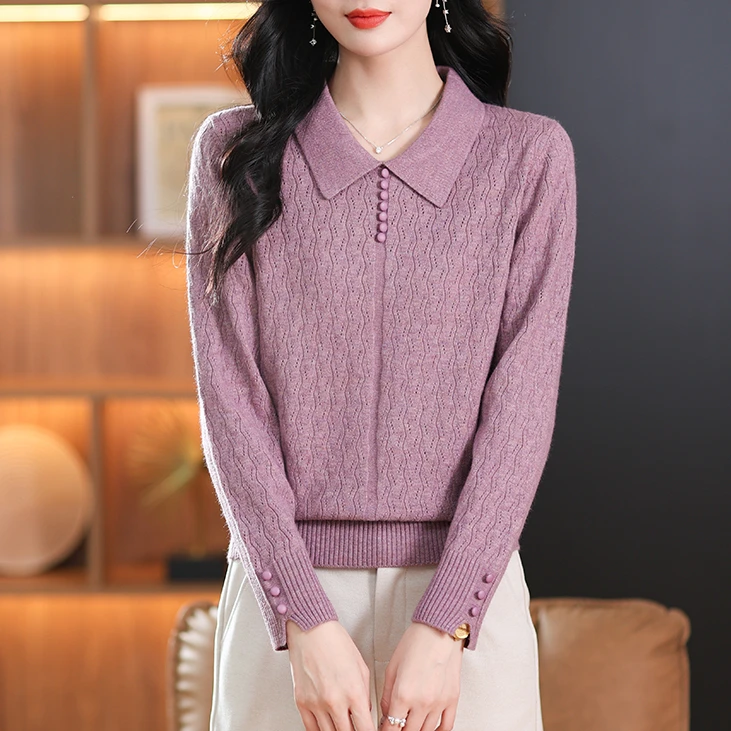 POLO领翻领套头羊毛衫上衣女2024秋冬新款宽松大码显瘦针织衫毛衣