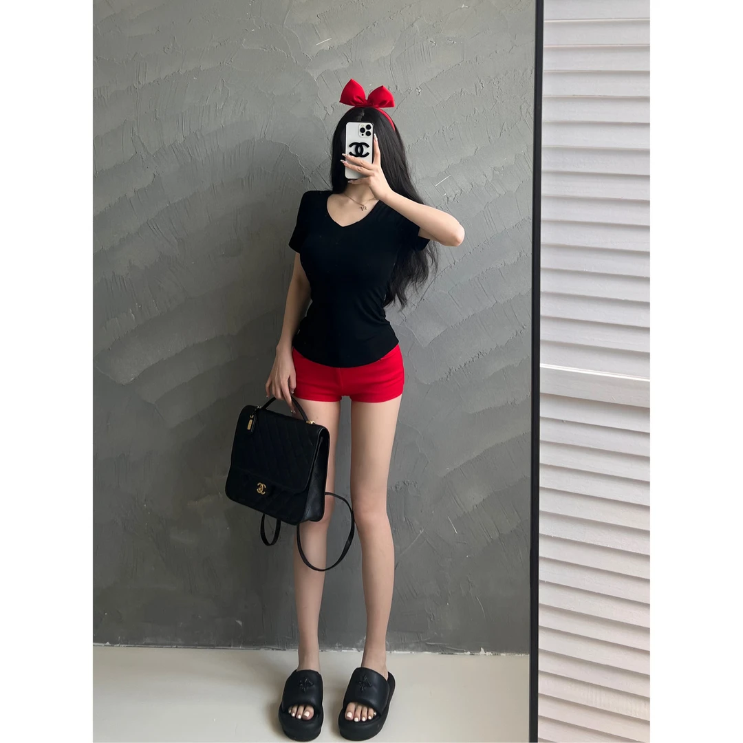 M5031白色V领短袖T恤女夏季宽松百搭休闲慵懒风内搭黑色上衣