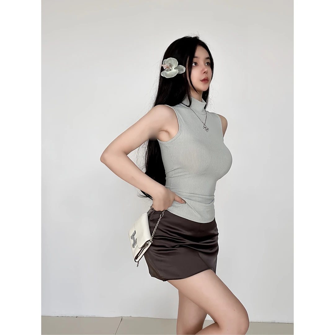 M5197辣妹纯色简约半高领背心女2024夏季新款修身打底上衣