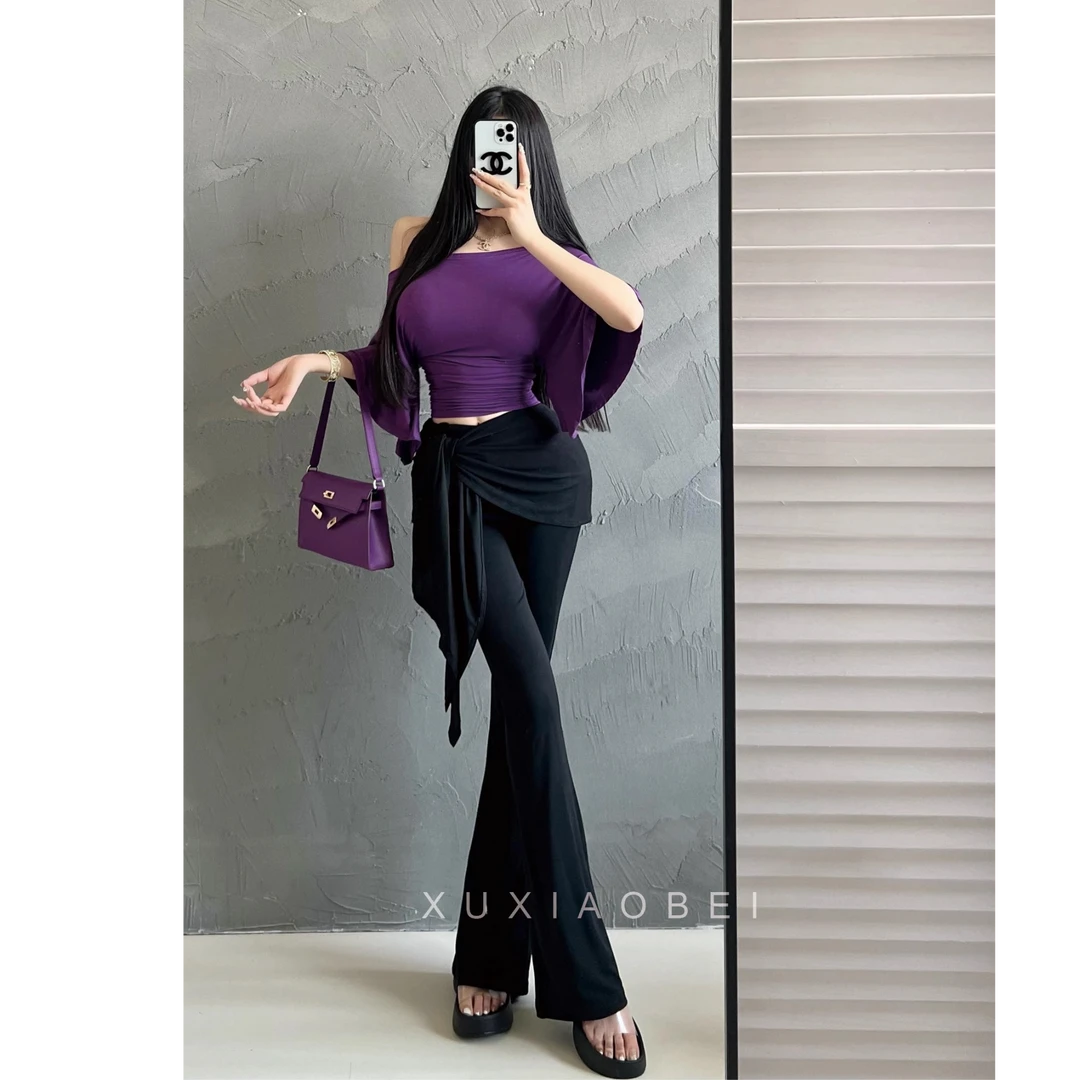 M5634赵露思同款假两件系带微喇叭裤辣裤显瘦显腿长长裤休闲裤