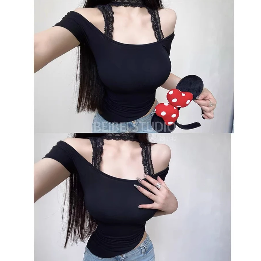 M5488假两件蕾丝挂脖短袖T恤女夏季性感紧身设计感百搭U领上衣