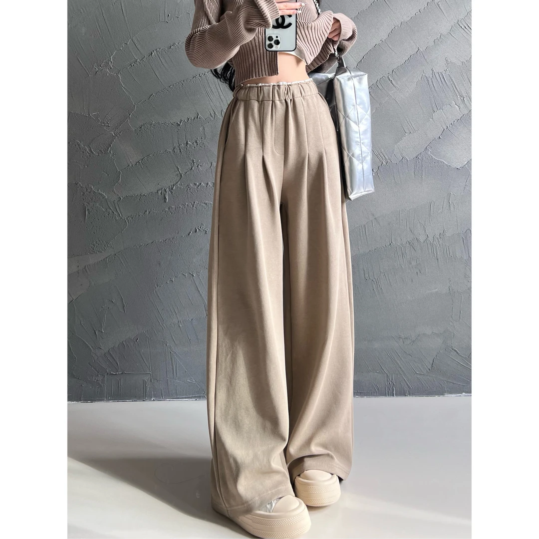 M5800慵懒风垂感美式阔腿卫裤女拼色高腰宽松加厚拖地裤运动长裤