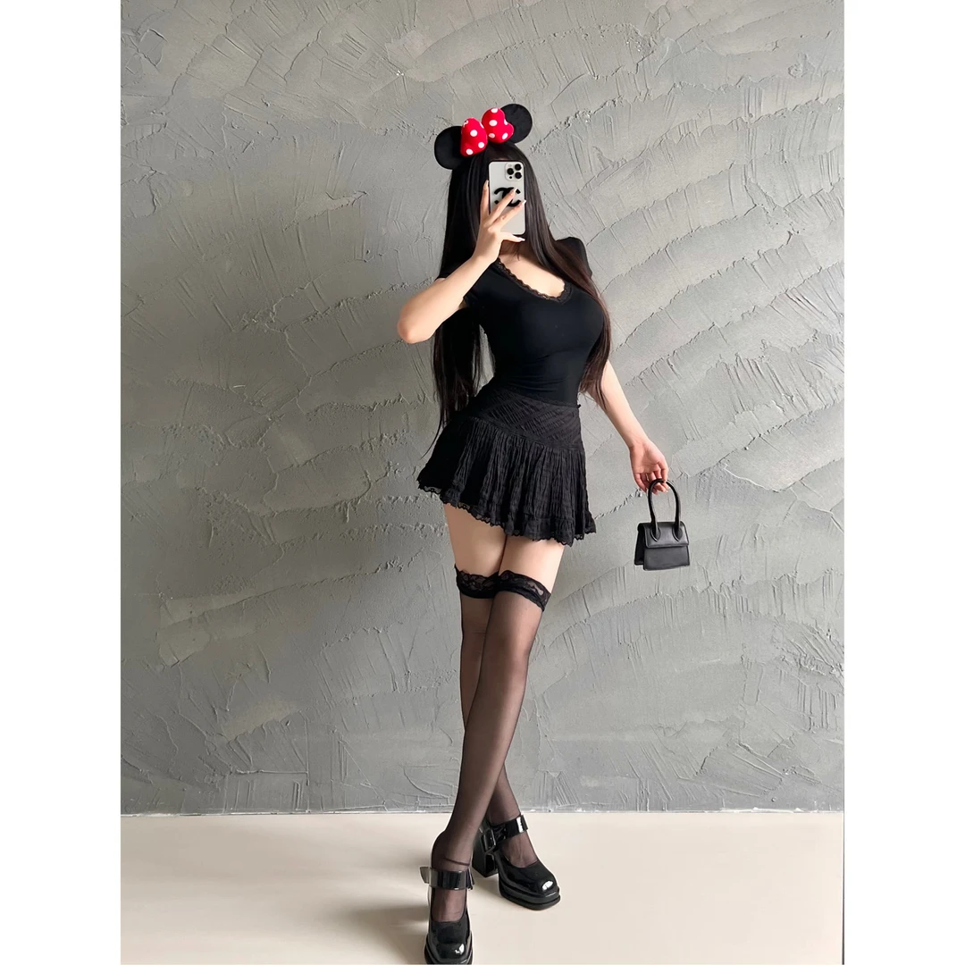 M5330蕾丝花边短袖T恤女夏季2024新款欧美ins深V领高腰露脐上衣