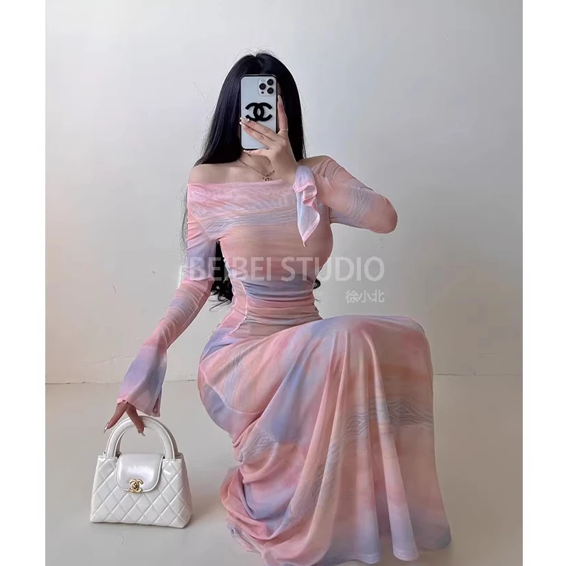 M5534纯欲辣妹风多彩撞色气质收腰显瘦捏褶连衣裙荡领度假风长裙