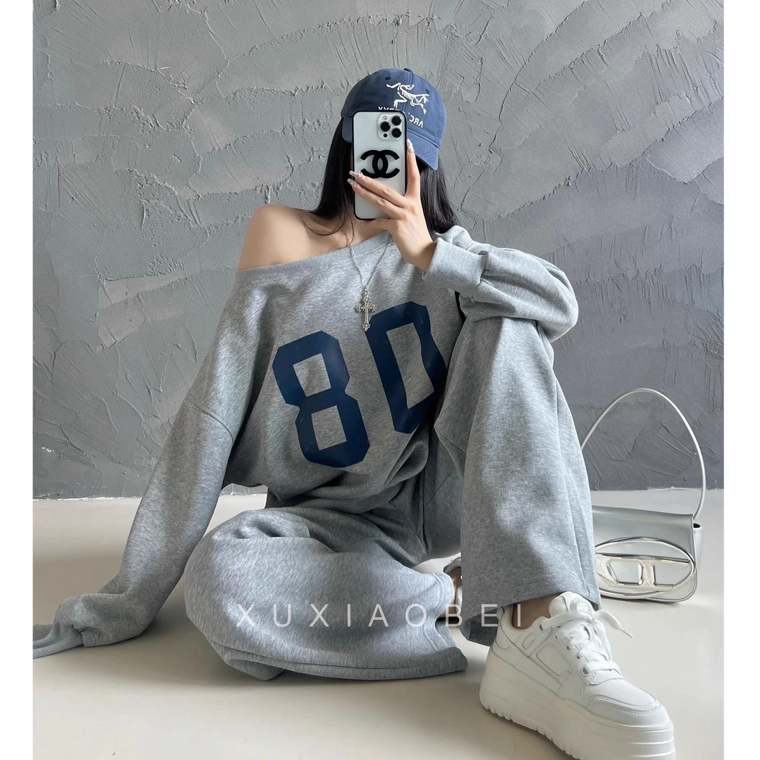 M5674美式复古印花露肩长袖卫衣运动套装女秋季休闲阔腿裤子套装