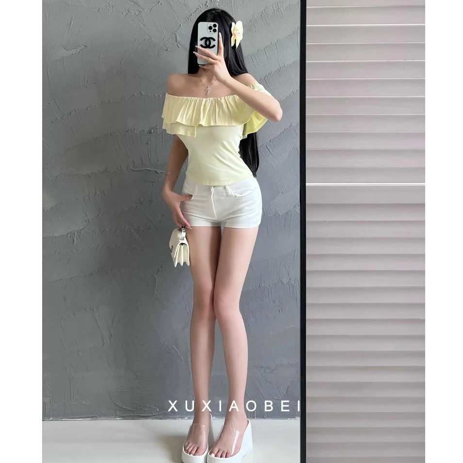 M5569一字肩性感纯欲短袖T恤女夏季修身褶皱荷叶边短款小上衣