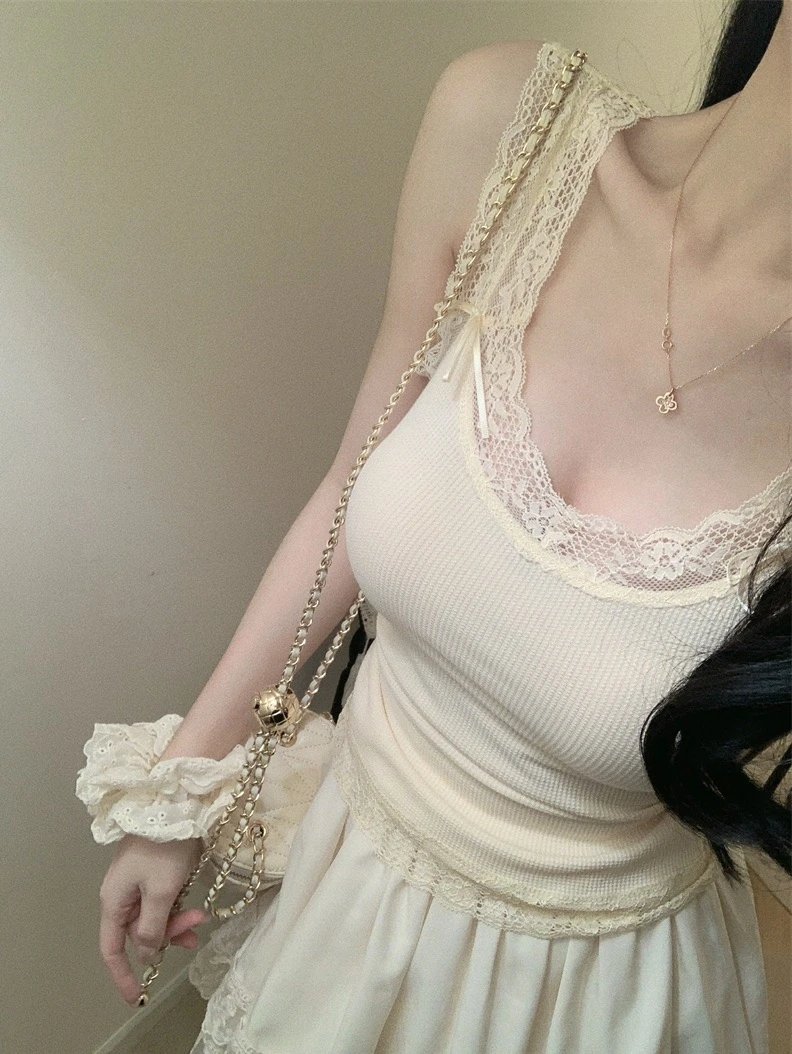 夏季法式微透清纯蕾丝奶酪格软糯修身显瘦打底无袖吊带上衣上衣女