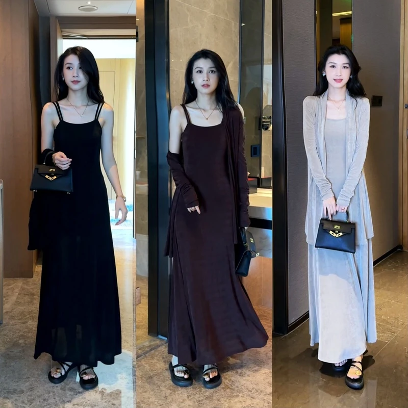 2025连衣裙开衫两件套裙宽松露肩冰丝气质薄款套装