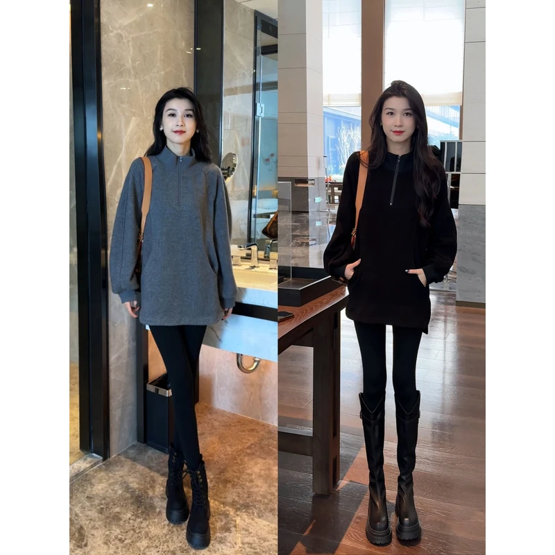 2024秋冬款高级感打底加绒卫衣半拉链上衣搭加绒打底裤套装