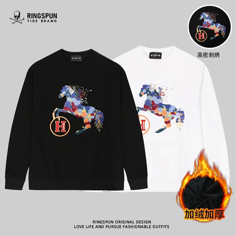 骷髅头潮牌秋冬新款刺绣圆领卫衣男加绒冬天加厚时尚百搭宽松长袖