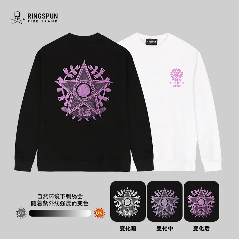 秋冬加绒加厚变色刺绣圆领卫衣男冬季男士新款潮流宽松打底衫男装