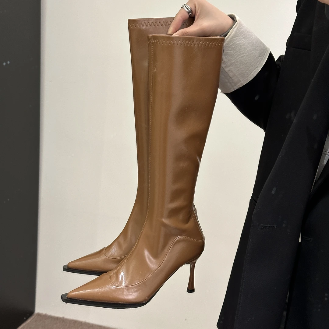 欧美风尖头显瘦不过膝靴女2025秋冬细跟高筒长靴后拉链高跟瘦瘦靴