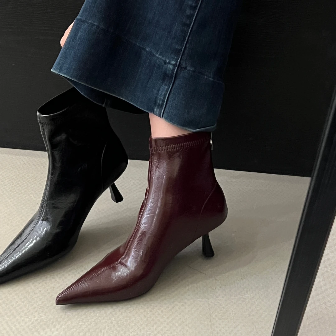 安可拉红尖头后拉链短靴2024秋冬季新款气质高跟鞋细跟弹力瘦瘦靴