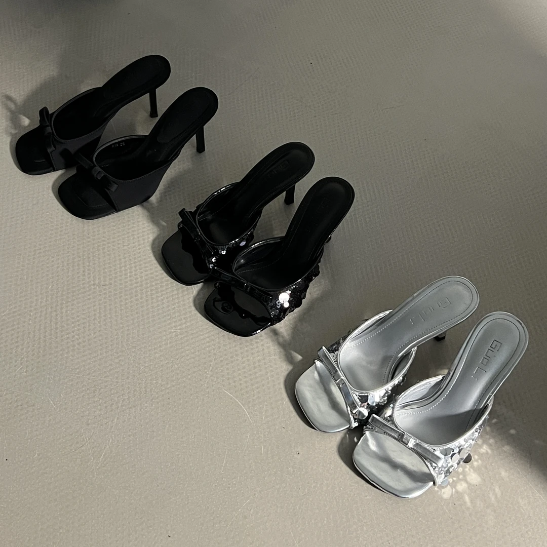 新加矮款！慢西西新品~布面亮片蝴蝶结高跟凉拖鞋细跟露趾拖鞋气质