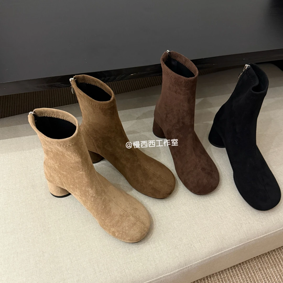 棕色短靴女中跟秋冬新款绒面后拉链磨砂小踝靴粗跟弹力圆头瘦瘦靴