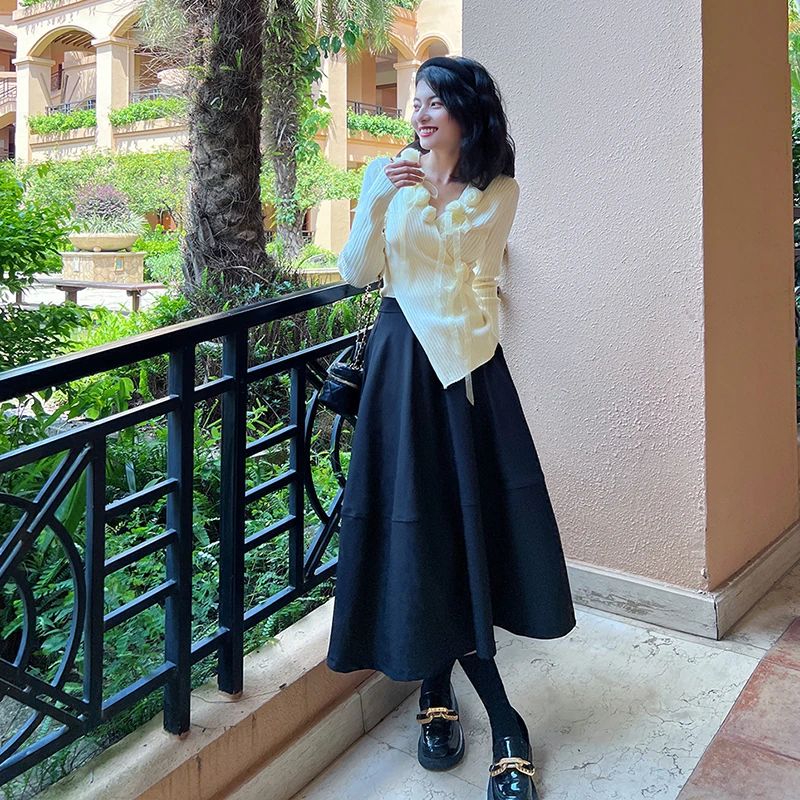 2025春秋法式赫本风高腰遮胯半身裙女小个子复古a字大摆长裙伞裙