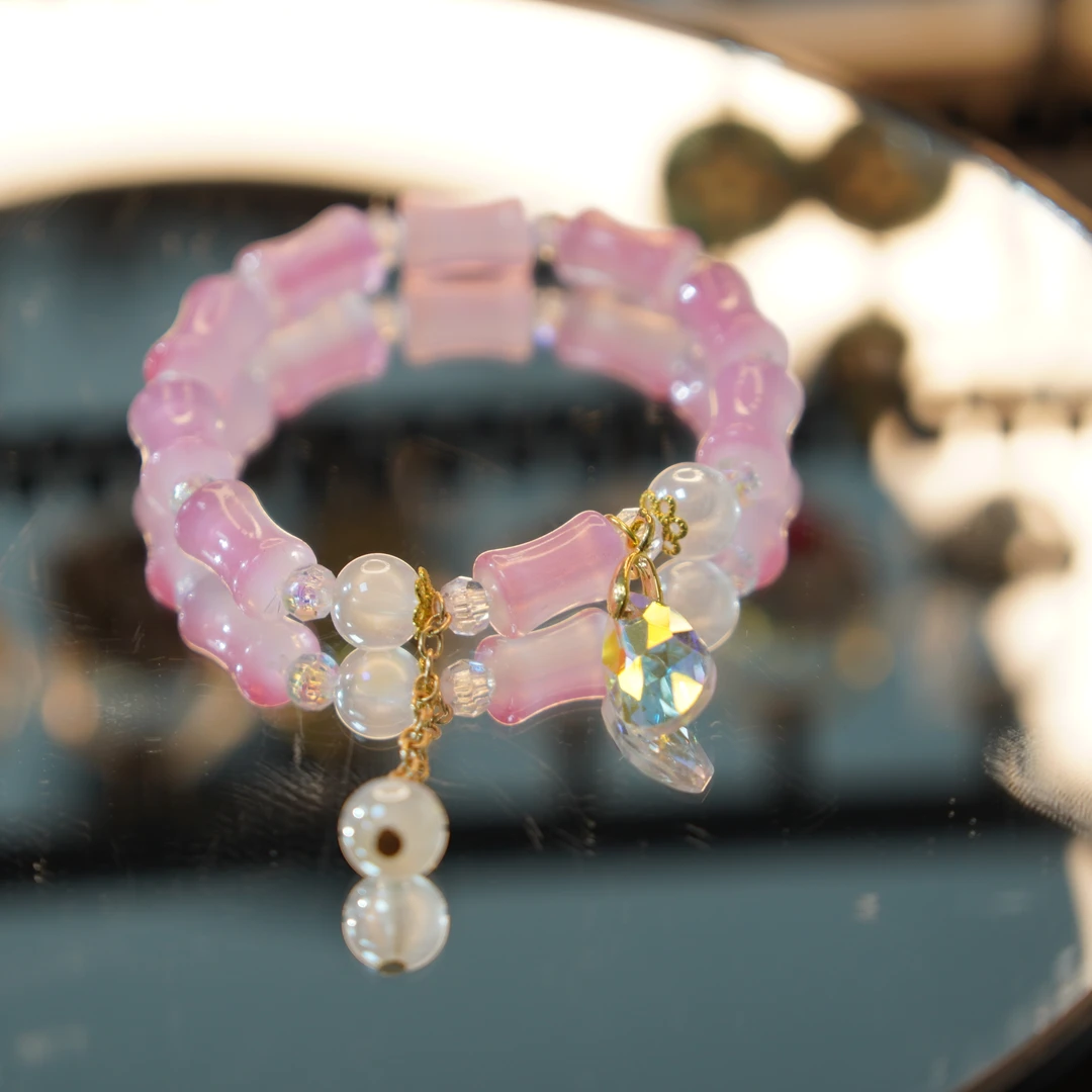 非金属仿水晶手链 百搭渐变国风手链天然粉绿竹节手串素款女士