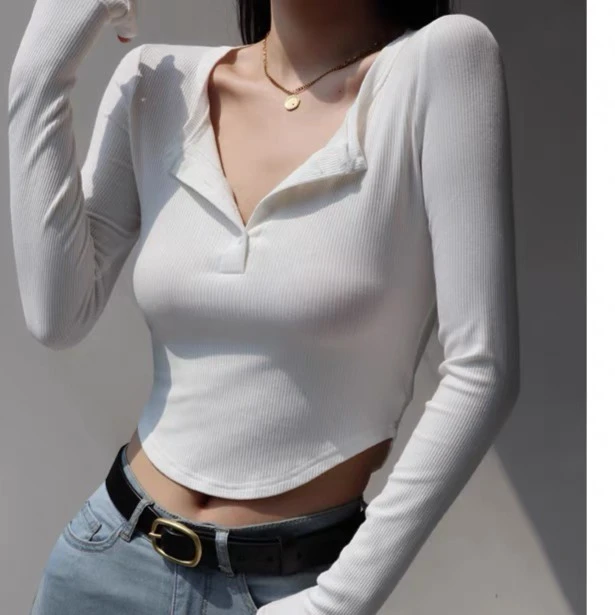 大77呀 辣妹简约修身套V领排扣小众设计感长袖 5612