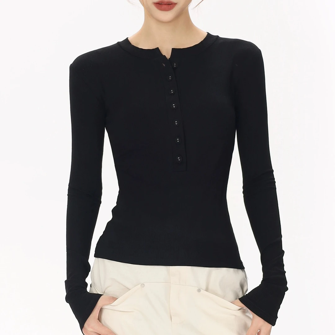 大77呀 螺纹百搭上衣设计感小众长袖t恤 7398