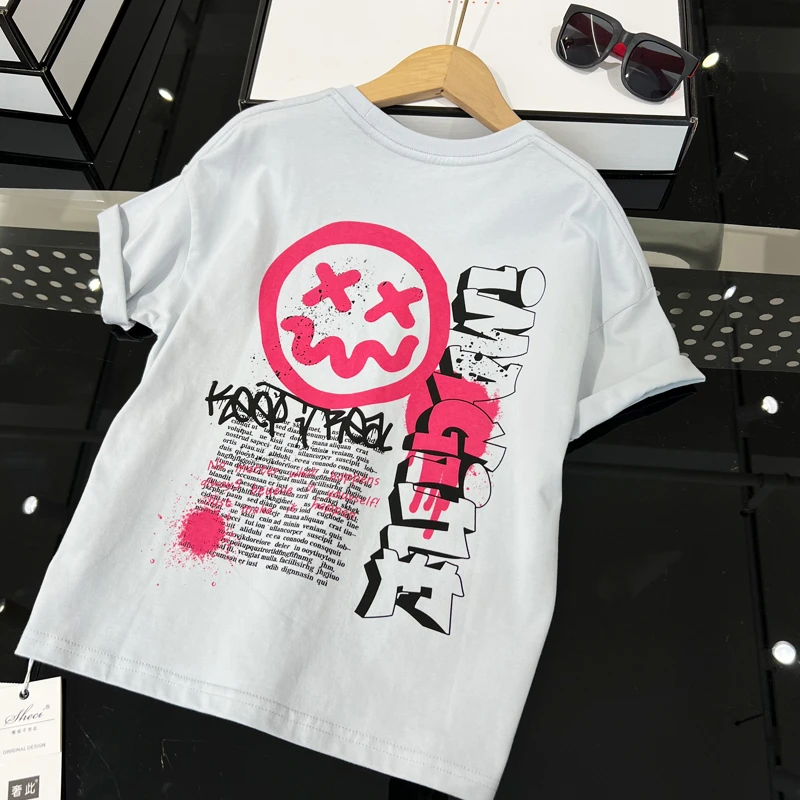 sheci/奢此【嬉皮笑脸】男女童纯棉T恤 中大童印花夏季新款百搭上衣