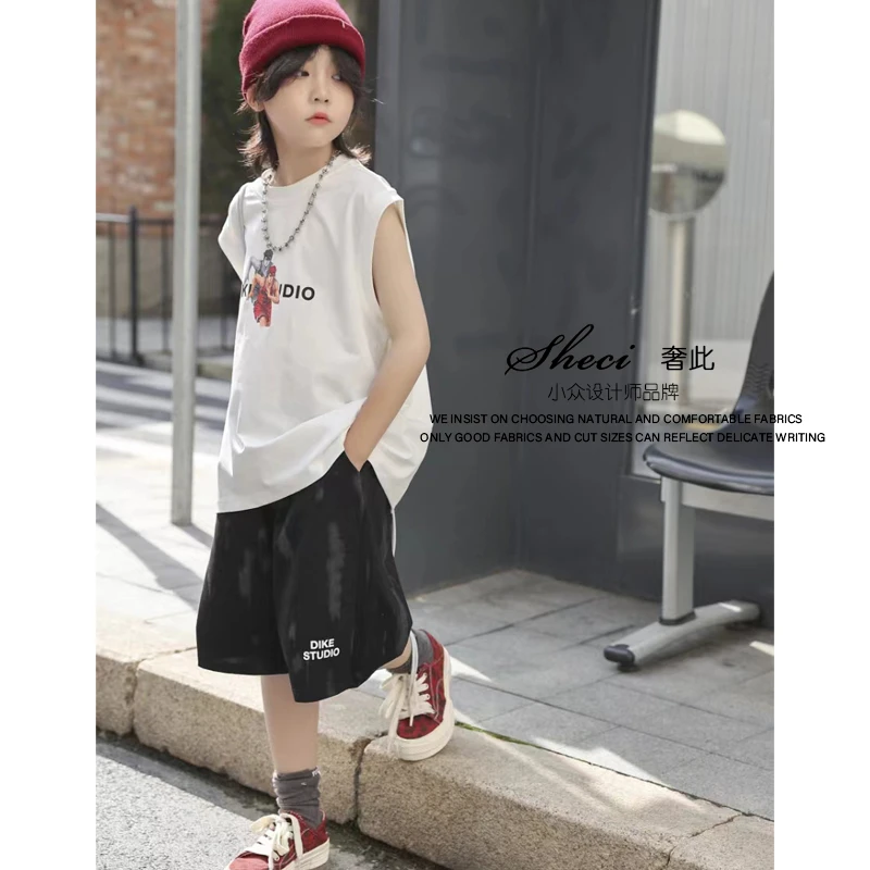 sheci/奢此【灌篮组合】2024夏背心T恤+运动短裤套装男童女童两件套