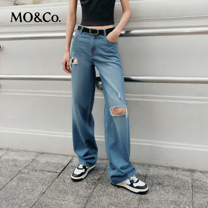 MOCO中腰宽松长直筒破洞牛仔裤美式复古MBC1JENK01