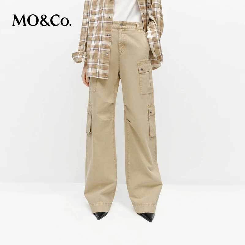 MOCO牛仔裤2025春新品洗磨怀旧牛津帆布高腰工装阔腿裤MBE1JEN020