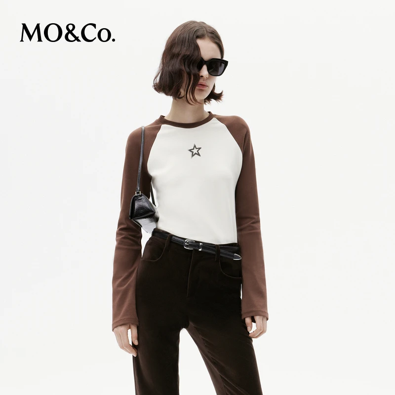 MOCO水浆星星美式撞色插肩袖长袖短款T恤MBC4TEEK01