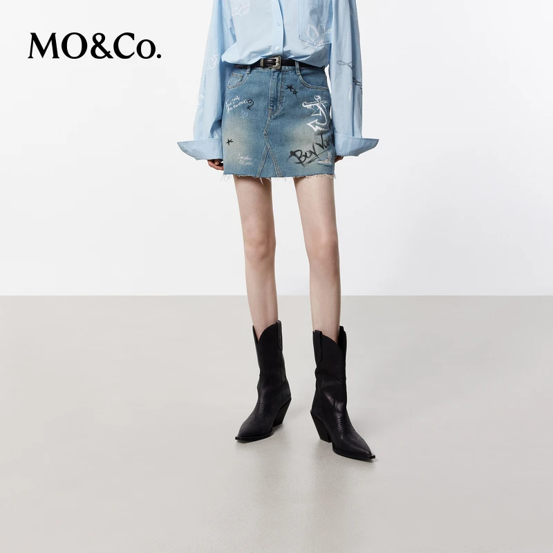 MOCO夏航海手绘涂鸦怀旧洗磨剪边高腰牛仔短裙MBD2SKT049