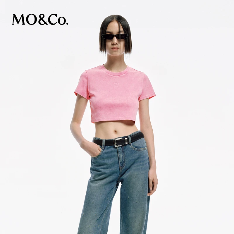 MOCO春辣妹风MC刺绣短袖短款高腰露腰T恤MBD1TEE025