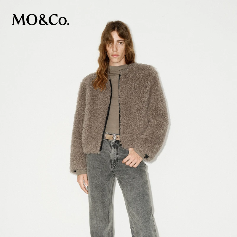 MOCO泰迪绒外套冬厚实暖驼色圆领短款箱型复古MBD4COT018